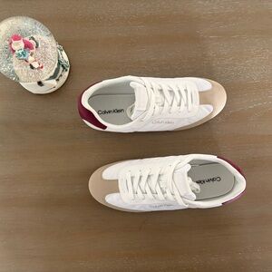 Calvin Klein White and Beige Sneakers with Maroon Detail